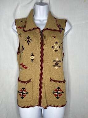 Desert Chic Ivy Silk Cotton Blend Knit Vest Tribal Embroidery Zip Front Sz Small